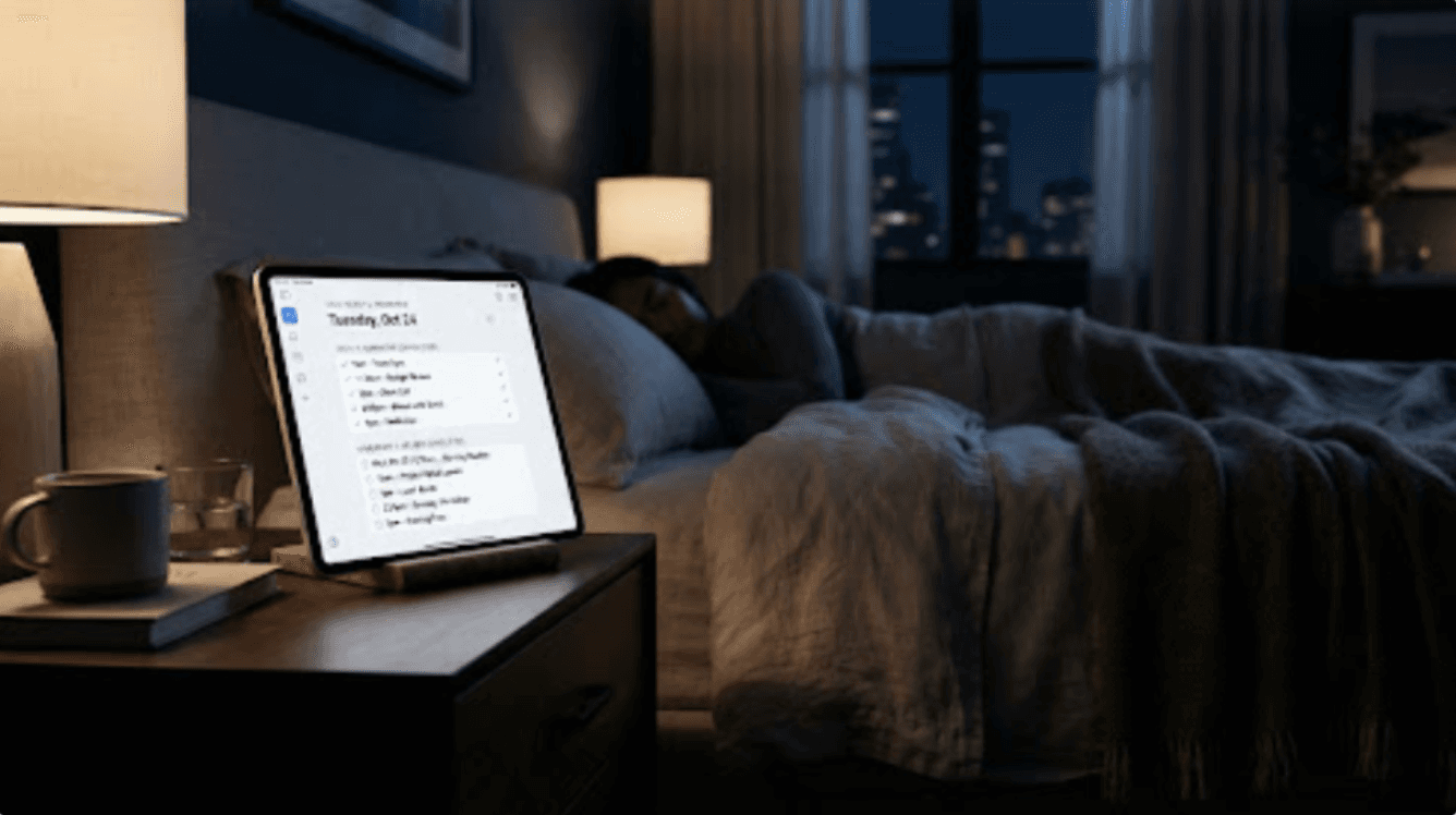 Peaceful, dimly lit living room at night